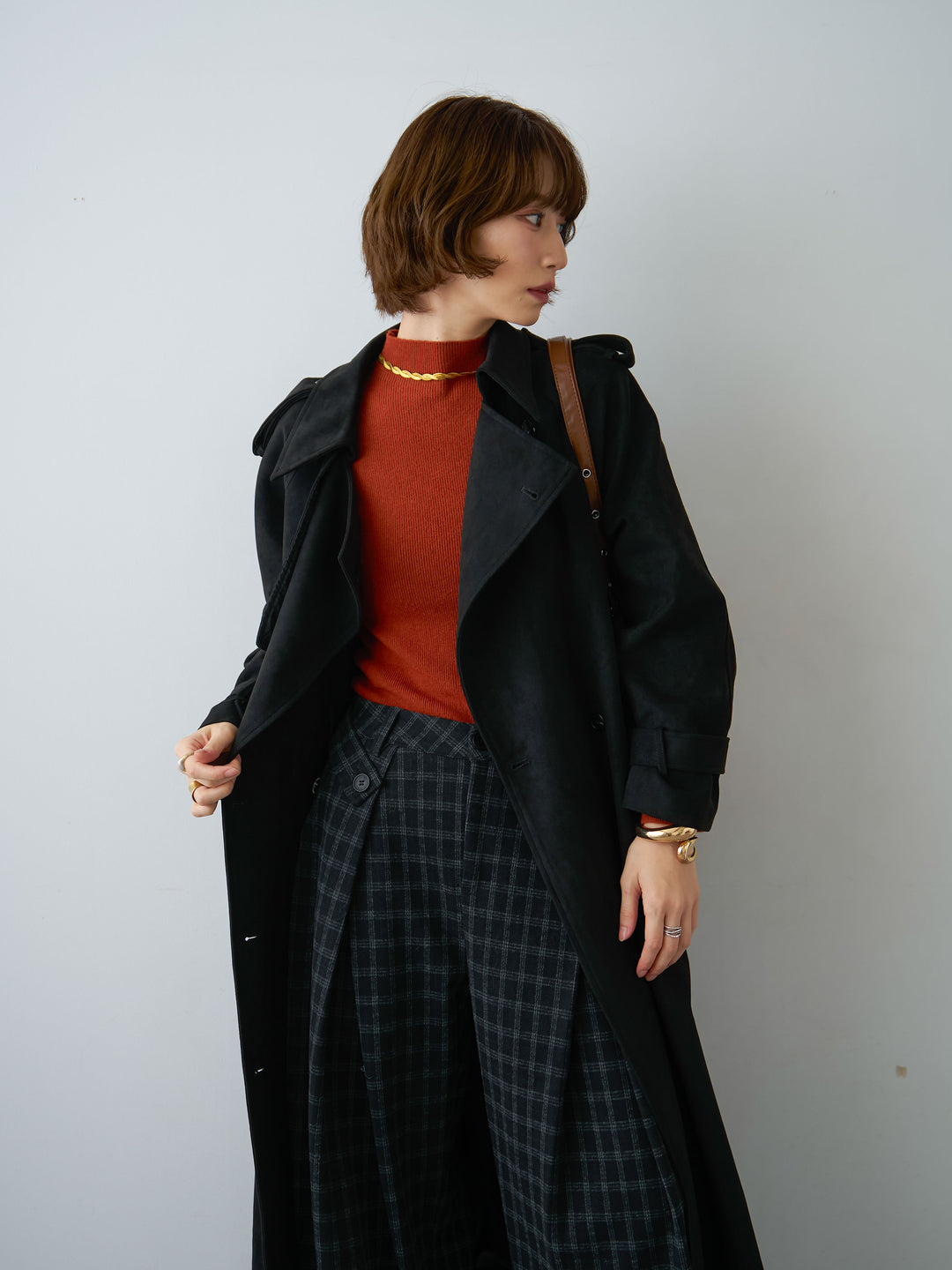 [SET]スウェードタッチロングトレンチコート+リブモックネックニットトップス(2set)