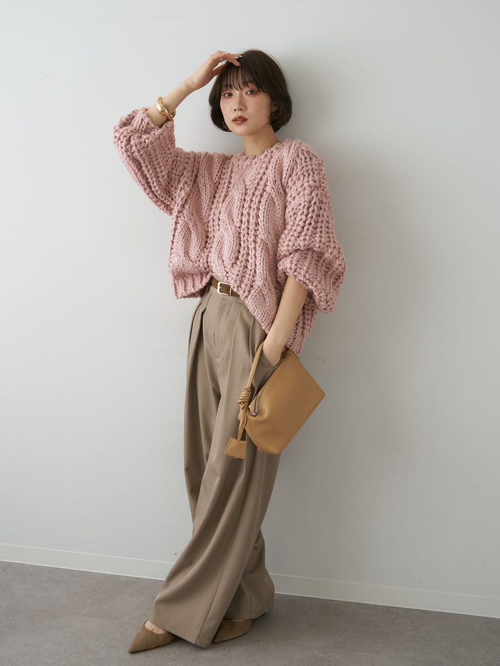 [SET]ボリュームケーブルニットプルオーバー+ツイルタックワイドパンツ(2set)