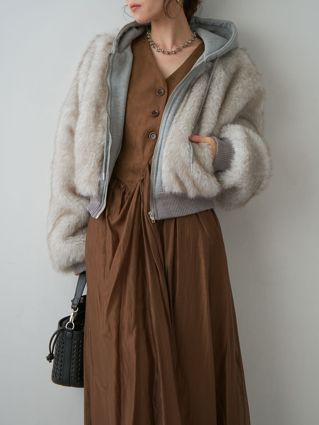 [予約]スウェードタッチ切り替えフレアワンピース/brown