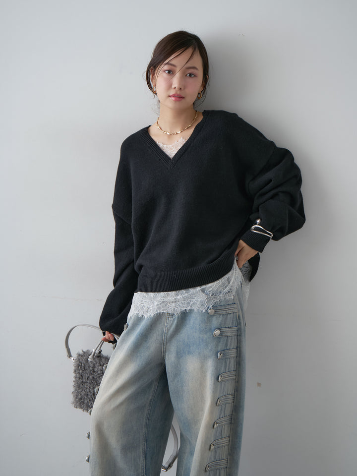 [SET]アルパカタッチレースドッキングVネックニットトップス+アルパカタッチレースドッキングVネックニットトップス(2set)