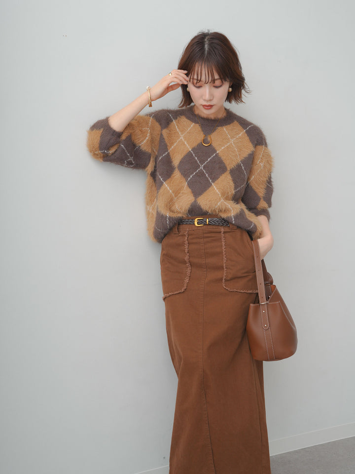 [予約]アーガイルシャギーニットトップス/brown