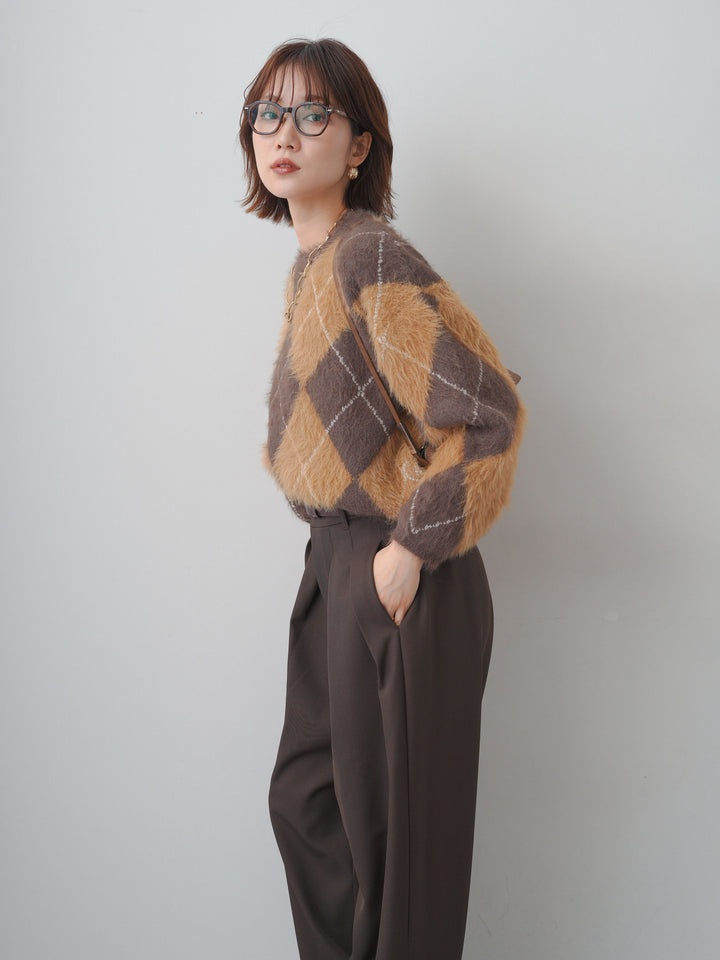 [予約]アーガイルシャギーニットトップス/brown