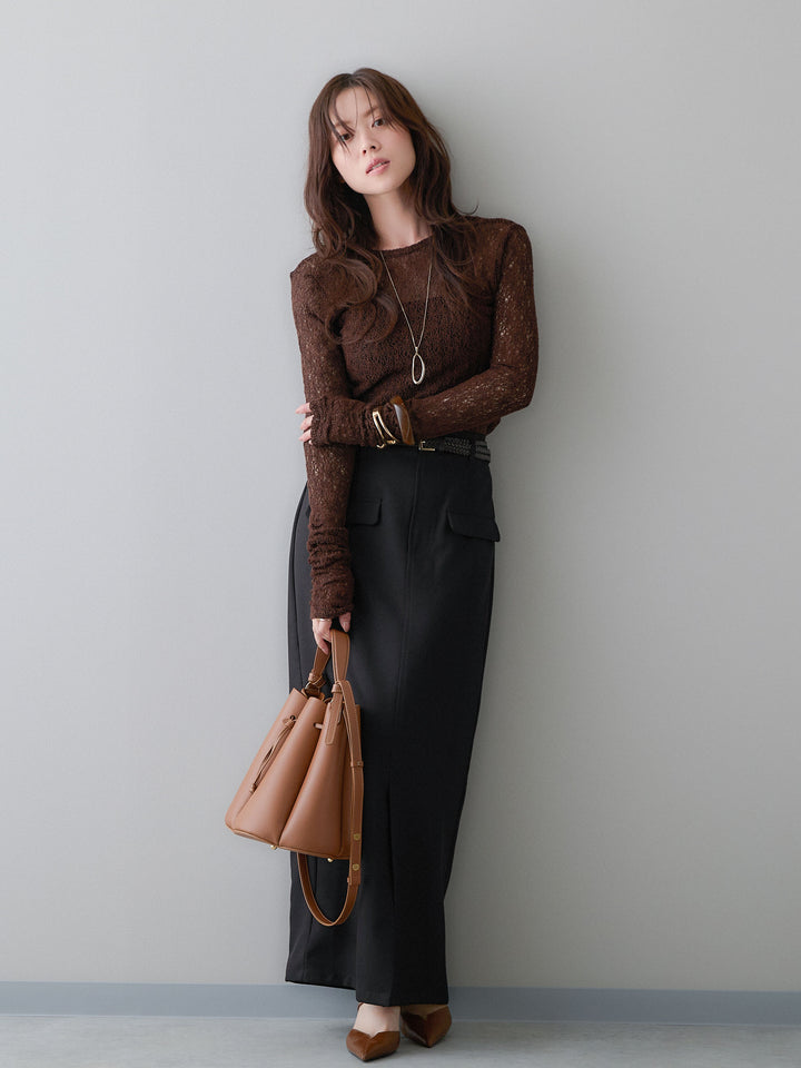 [SET]メッシュレースバックオープントップス+クレープデシンフラップ付きストレートスカート(2set)