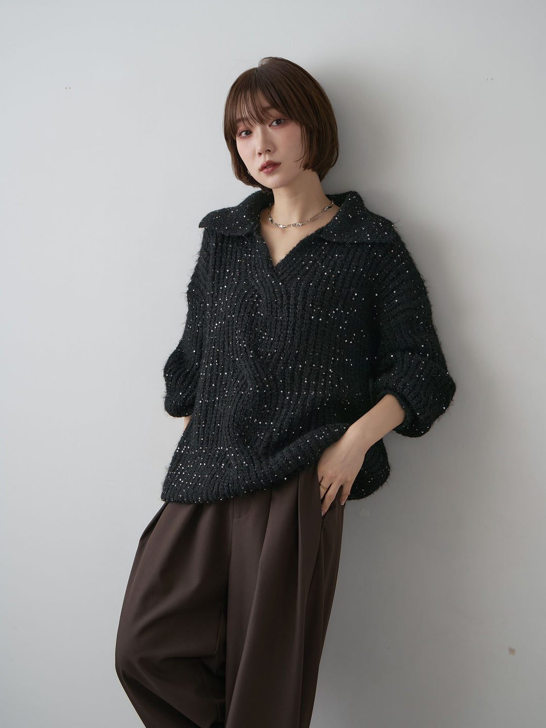 [SET]スキッパースパンリブニットトップス+ツイルタックワイドパンツ(2set)