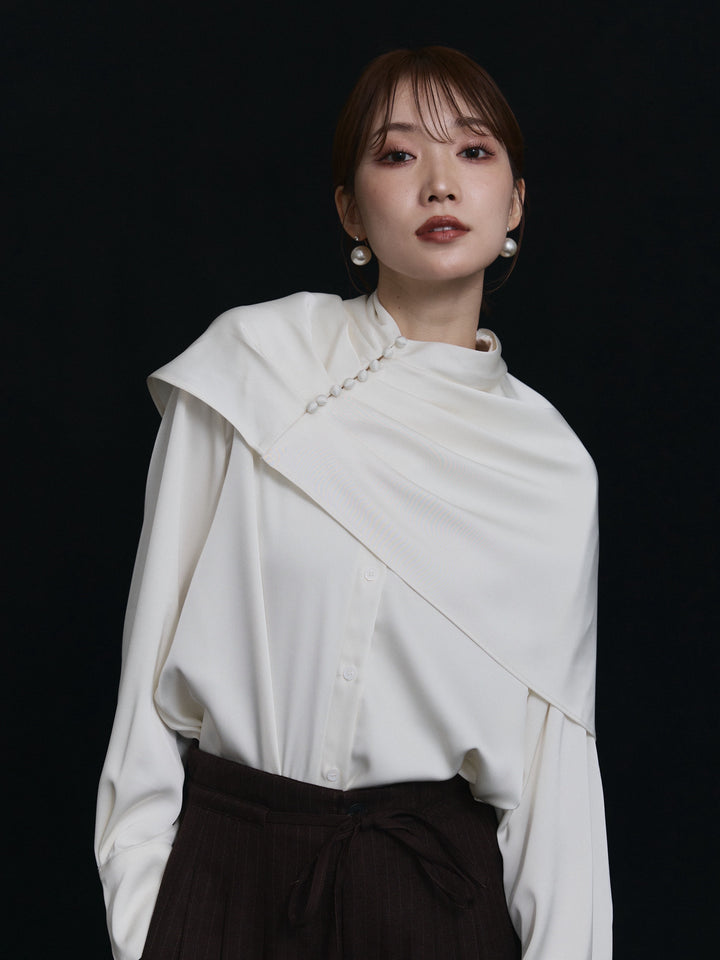 【Allure】[SET]ケープ付サテンシャツ+ウールライクストライプワイドパンツ(2set)
