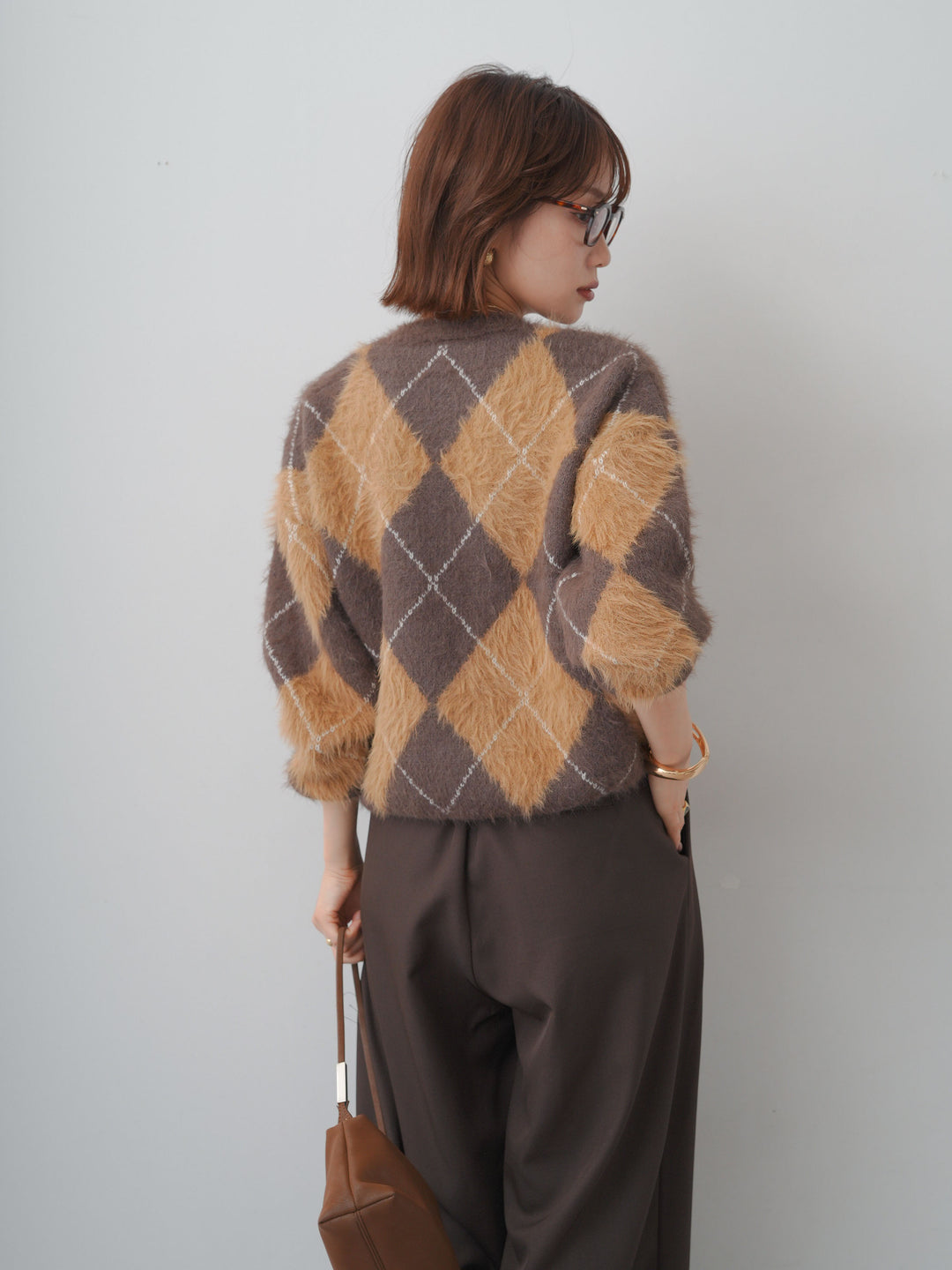 [予約]アーガイルシャギーニットトップス/brown