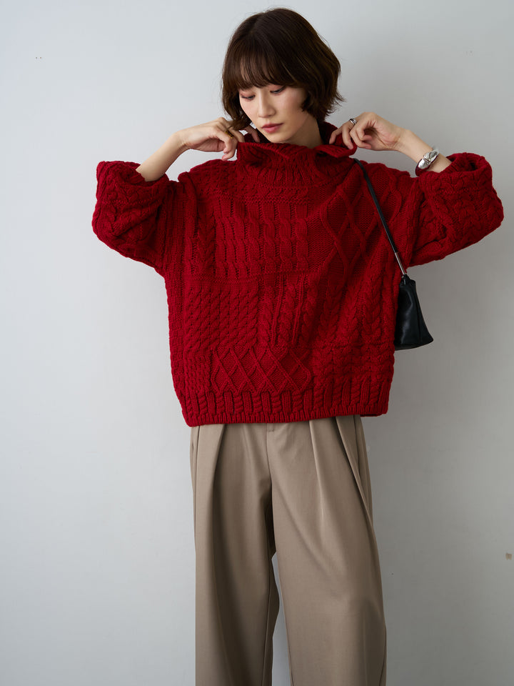 [SET]ネックボタンミックスケーブルニットトップス+ツイルタックワイドパンツ(2set)