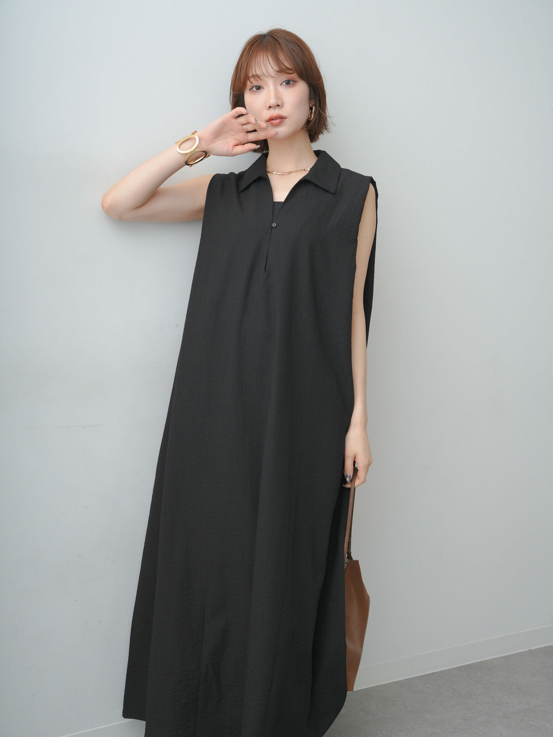 [予約]リネンライクスキッパーショルダータックワンピース/black