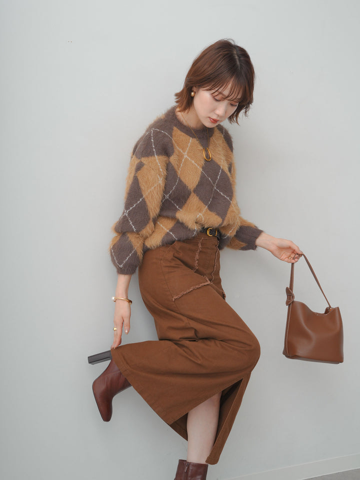 [予約]アーガイルシャギーニットトップス/brown