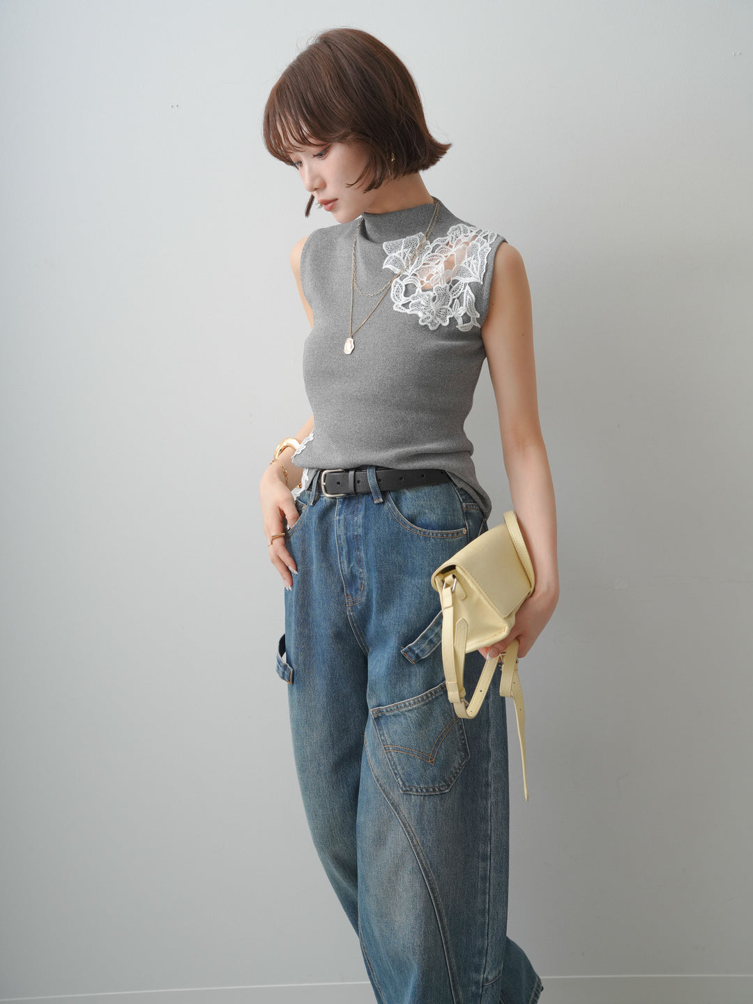[予約]サイドレースノースリモックニットトップス/gray
