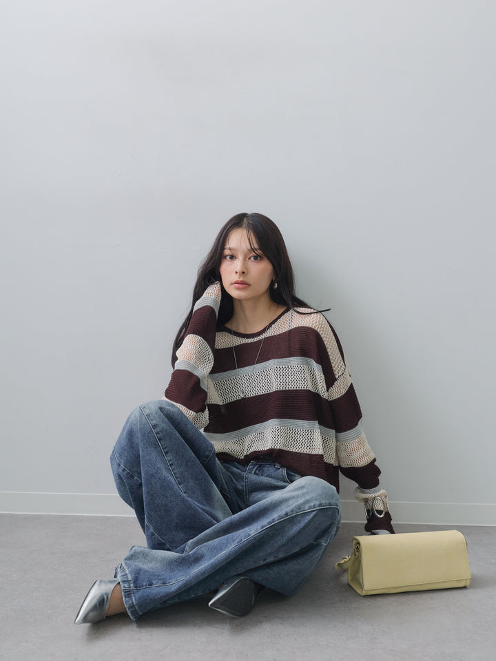 [予約]マルチボーダーメッシュニットトップス/brown