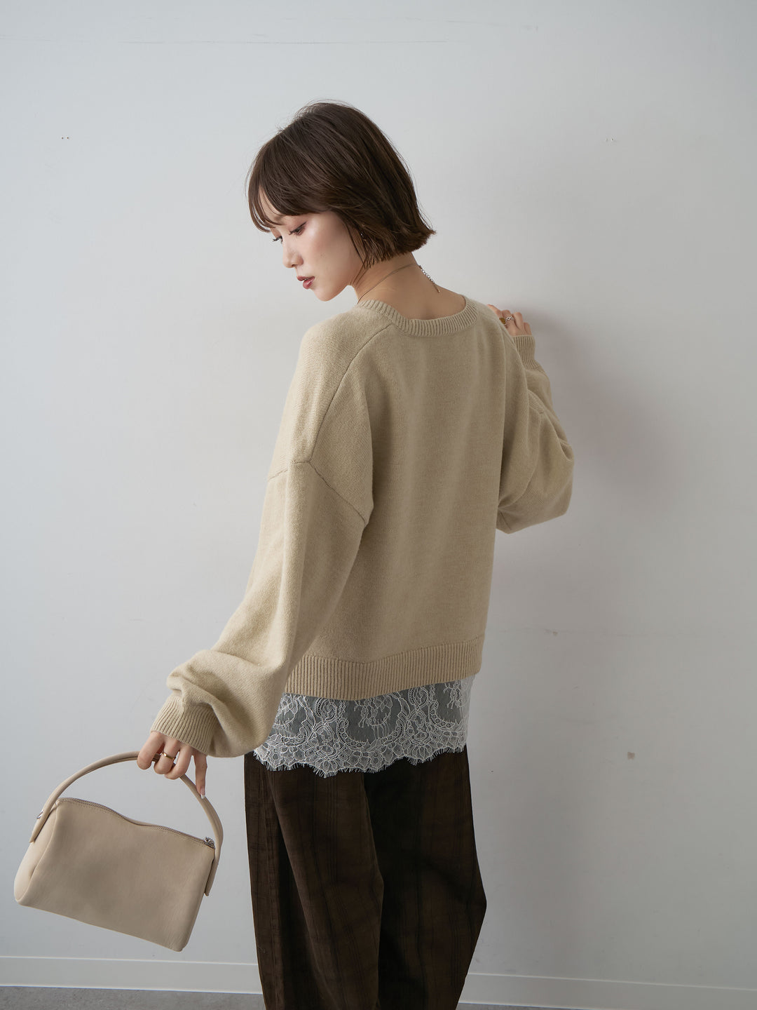 [SET]アルパカタッチレースドッキングVネックニットトップス+アルパカタッチレースドッキングVネックニットトップス(2set)