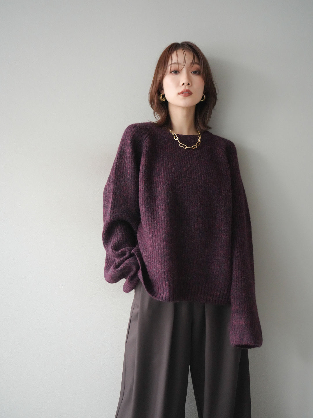 [予約]クルーネック畦編みミックスニット/bordeaux