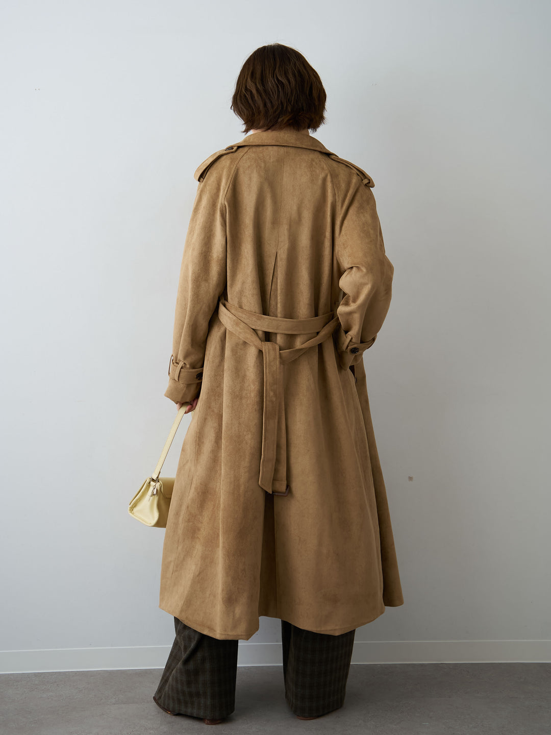 [SET]スウェードタッチロングトレンチコート+チェックサイドベルトデザインタックパンツ(2set)