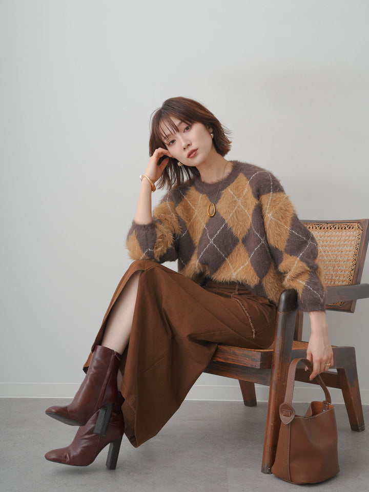 [予約]アーガイルシャギーニットトップス/brown