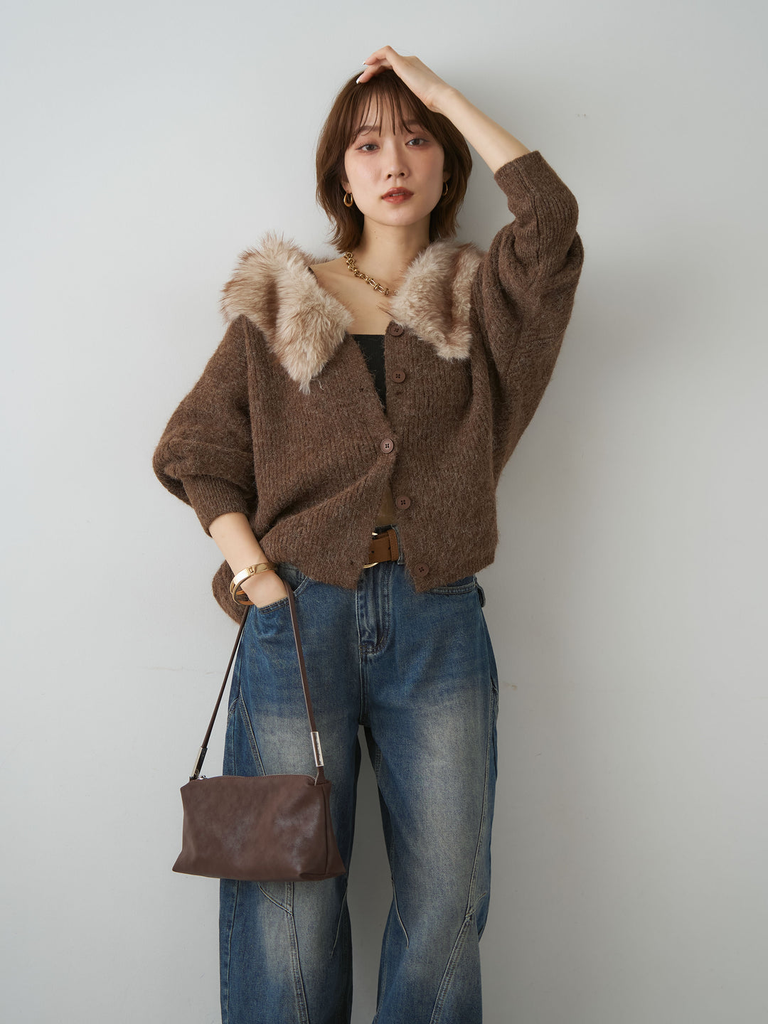 [予約]ファーカラードルマンリブニットカーディガン/brown