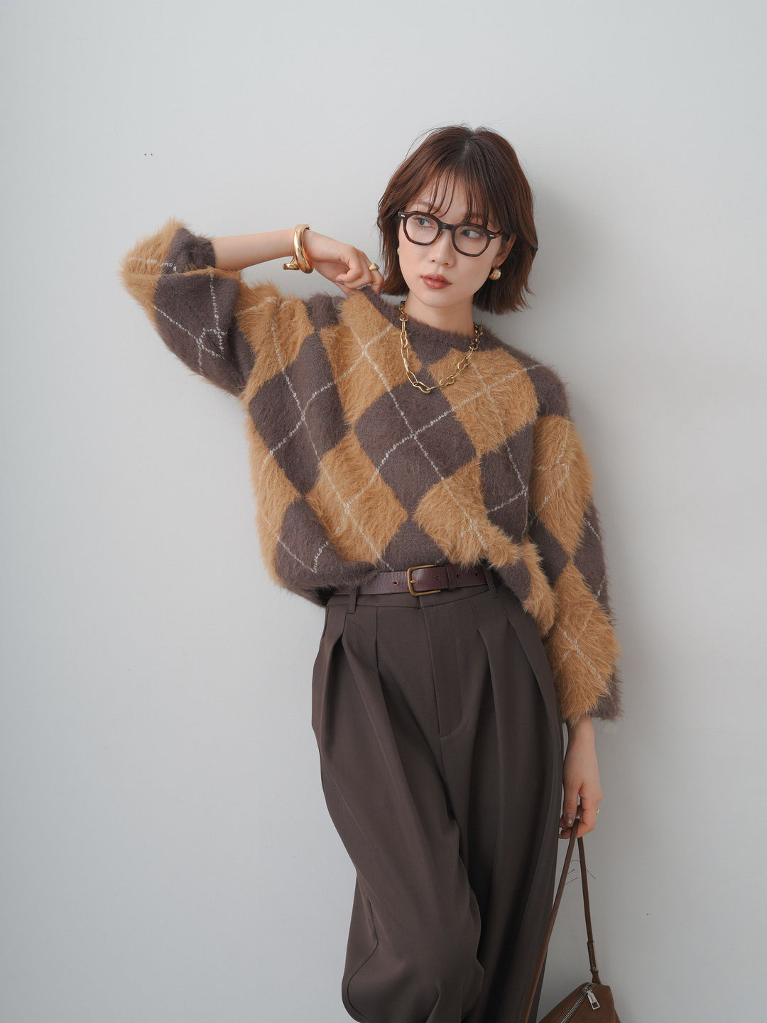 [予約]アーガイルシャギーニットトップス/brown