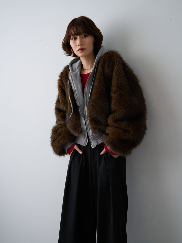 [予約]スウェットファードッキングフードブルゾン/brown