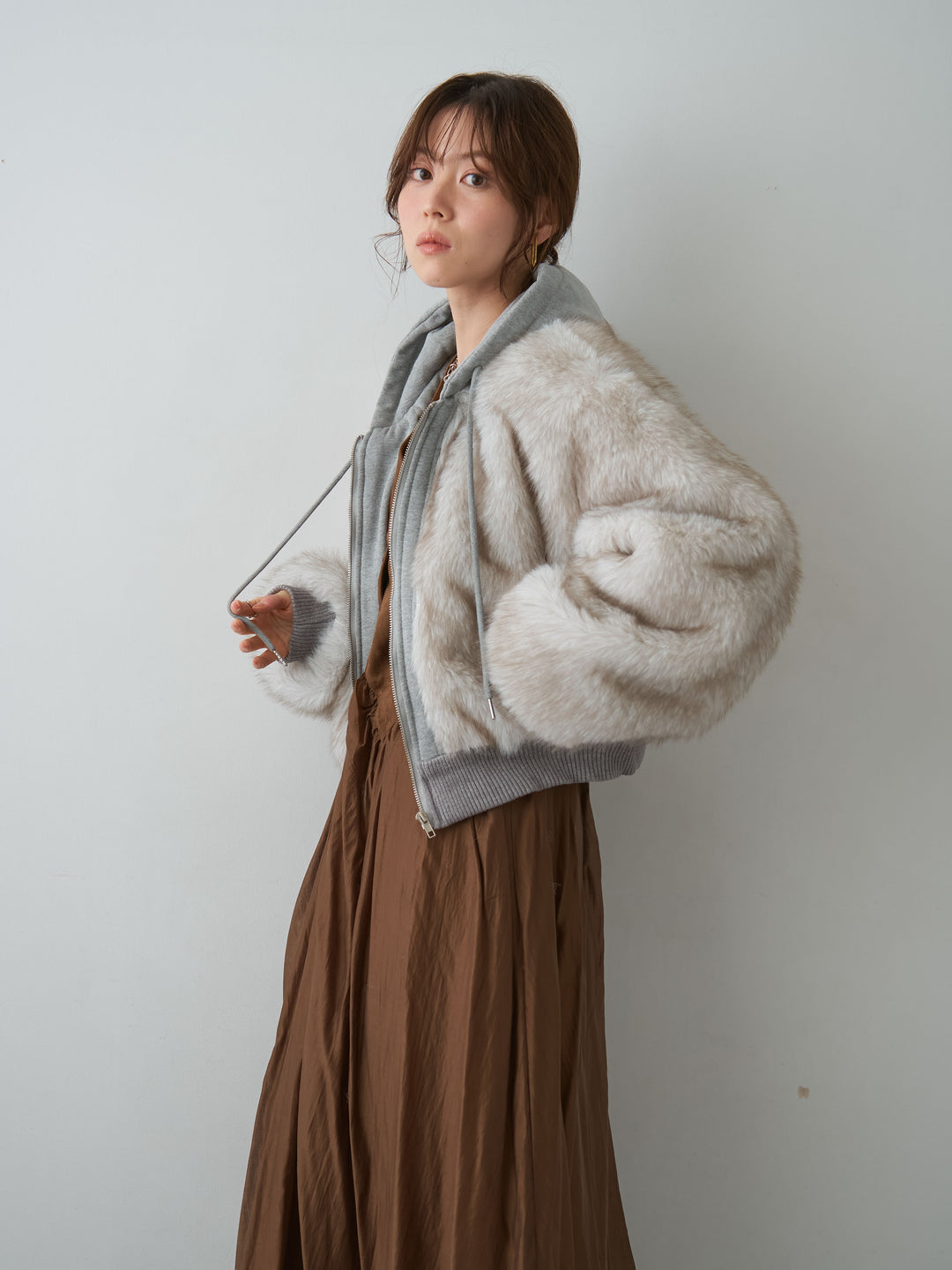 [予約]スウェードタッチ切り替えフレアワンピース/brown