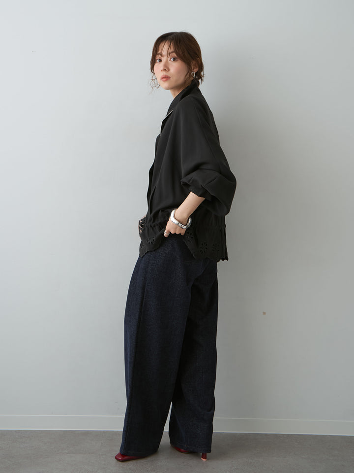 [SET]ヘムカットワークブルゾン+ベロアデニムタックワイドパンツ(2set)
