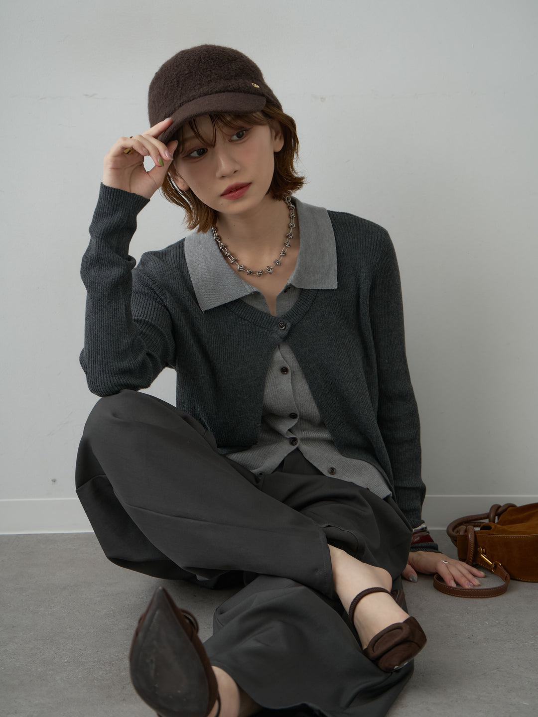 [予約]フロントレイヤードデザインリブニットシャツ/darkgray