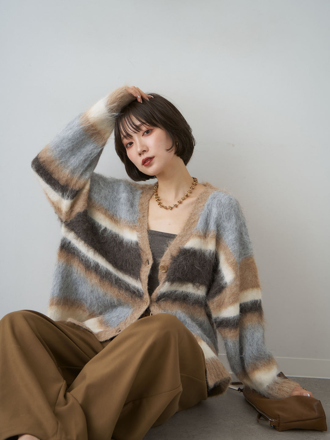 [予約]カラフルシャギーボーダーカーディガン/beige