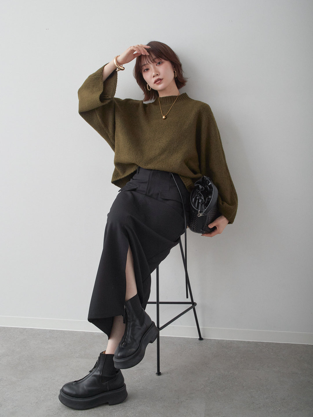 [予約]ワイドスリーブボトルネックニットトップス/khaki