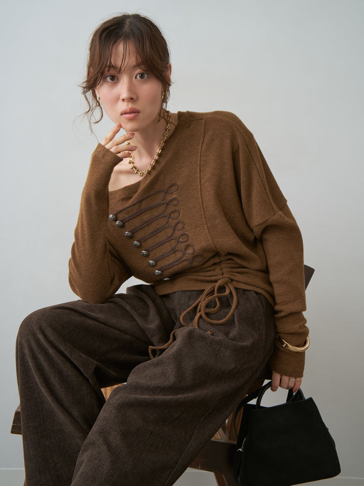 [予約]ナポレオンサイドギャザーワイドネックトップス/brown