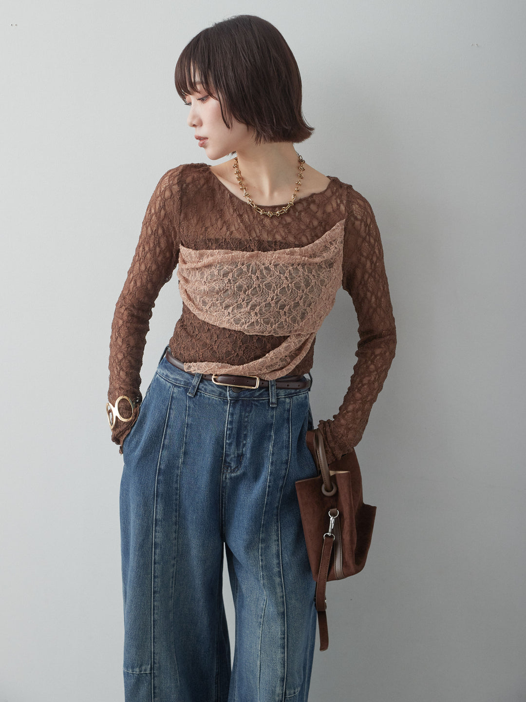[予約]メッシュレースバイカラートップス/brown
