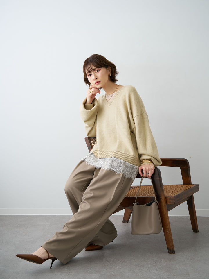 [予約]アルパカタッチレースドッキングVネックニットトップス/beige