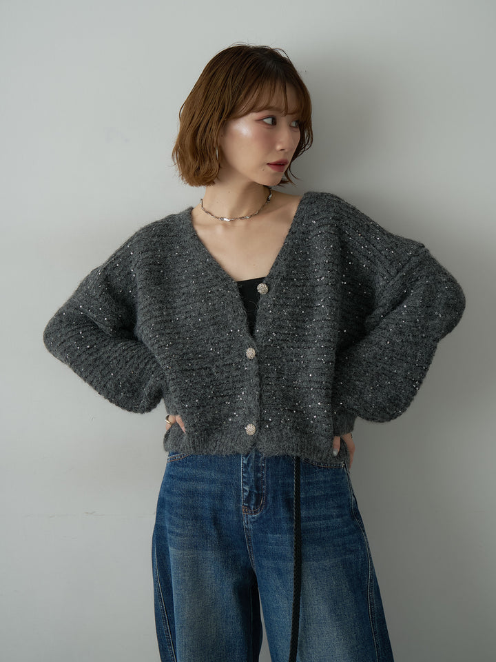 [SET]スパンコールデザインボタンカーディガン+ヒップフラップポケットストレートワイドデニム(2set)