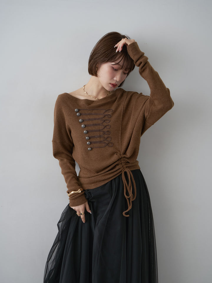 [予約]ナポレオンサイドギャザーワイドネックトップス/brown
