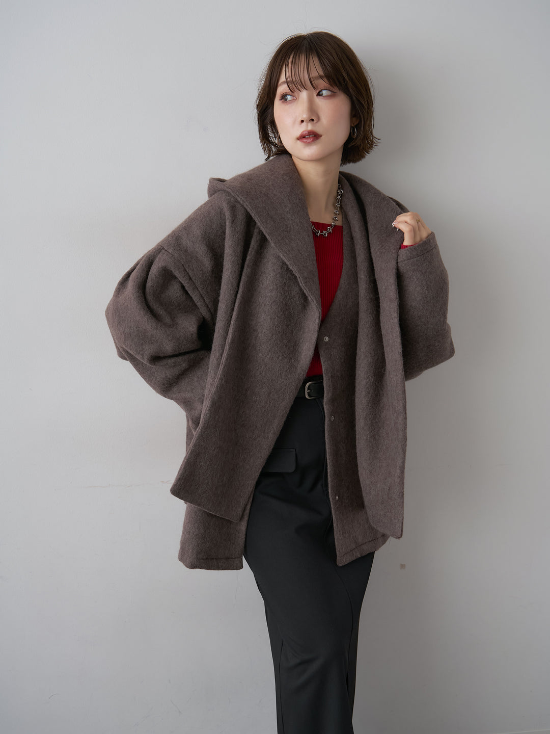 [SET]フードマフ付メランジコート+選べるアクセセット(2set)
