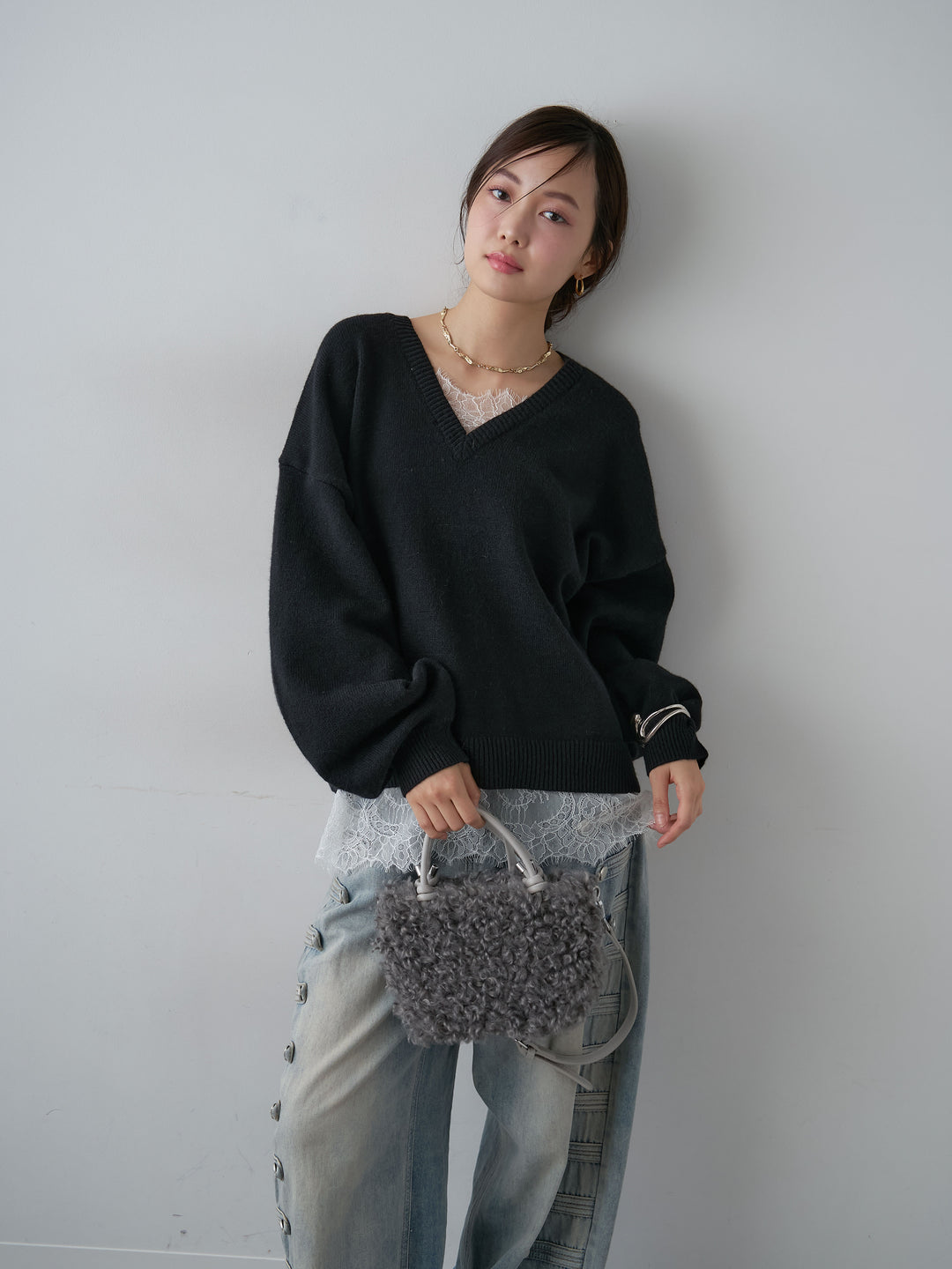 [SET]アルパカタッチレースドッキングVネックニットトップス+アルパカタッチレースドッキングVネックニットトップス(2set)