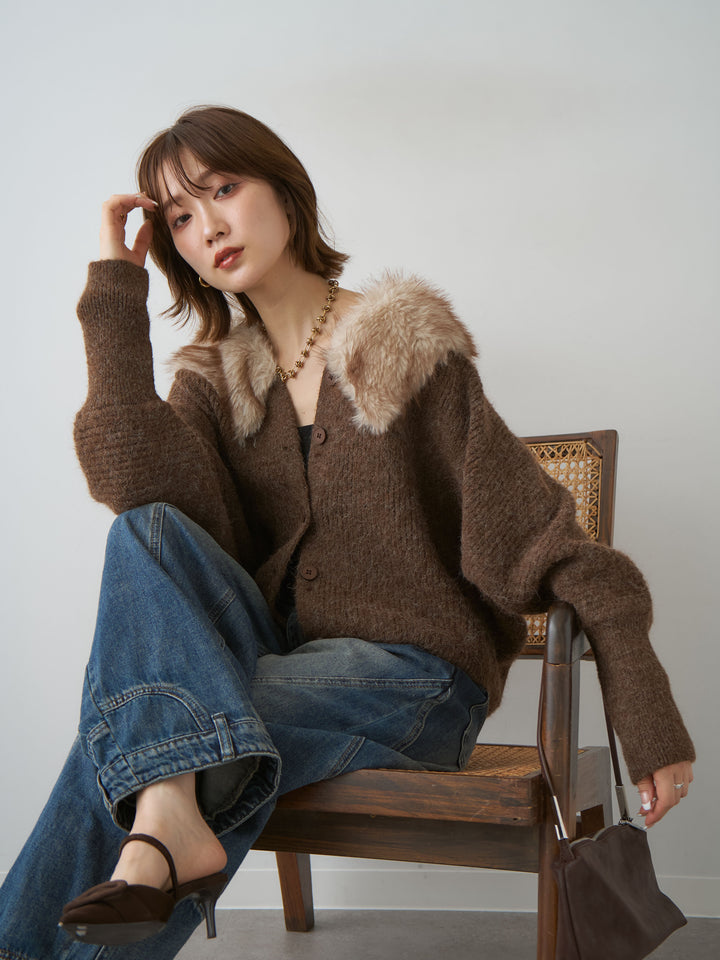 [予約]ファーカラードルマンリブニットカーディガン/brown