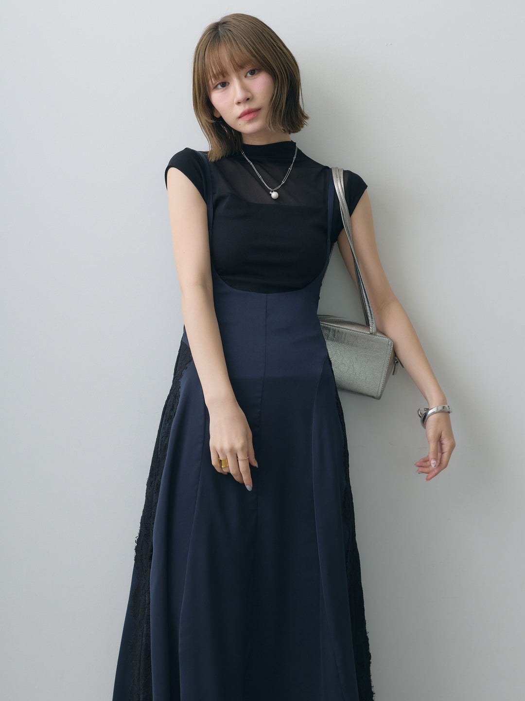 [予約]サイドレースサテンジャンパースカート/navy