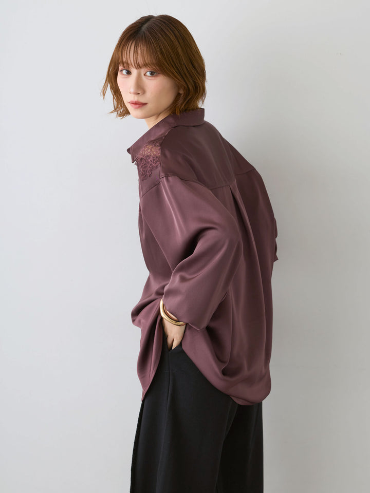 [予約]サテンレース切り替えシャツ/burgundy