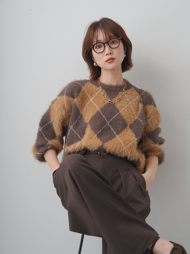 [予約]アーガイルシャギーニットトップス/brown