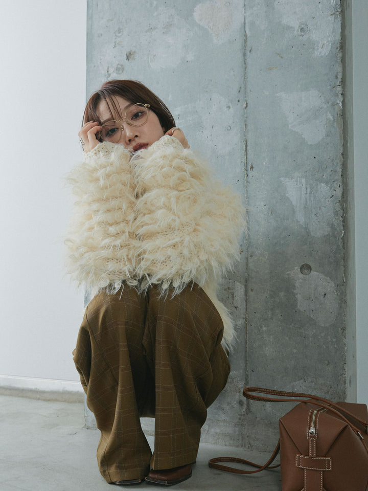 【Allure】[SET]ミックスシャギーループニットプルオーバー+杢チェックタックパンツ(2set)
