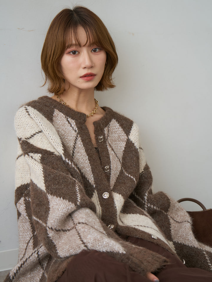 [予約]アーガイルスパンコールビッグニットカーディガン/brown