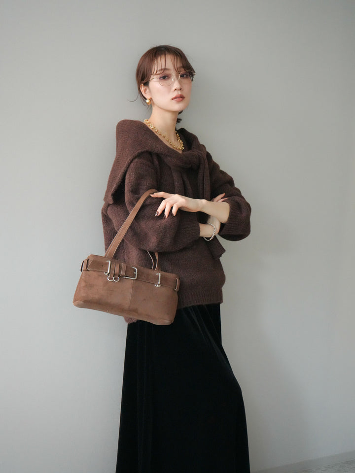 [予約]ストール付きVネックニットプルオーバー/brown