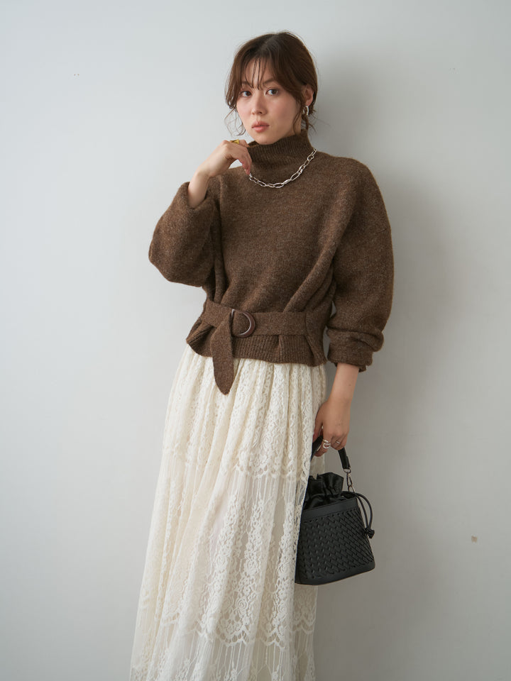 [予約]ウエストベルトハイネックニットトップス/brown