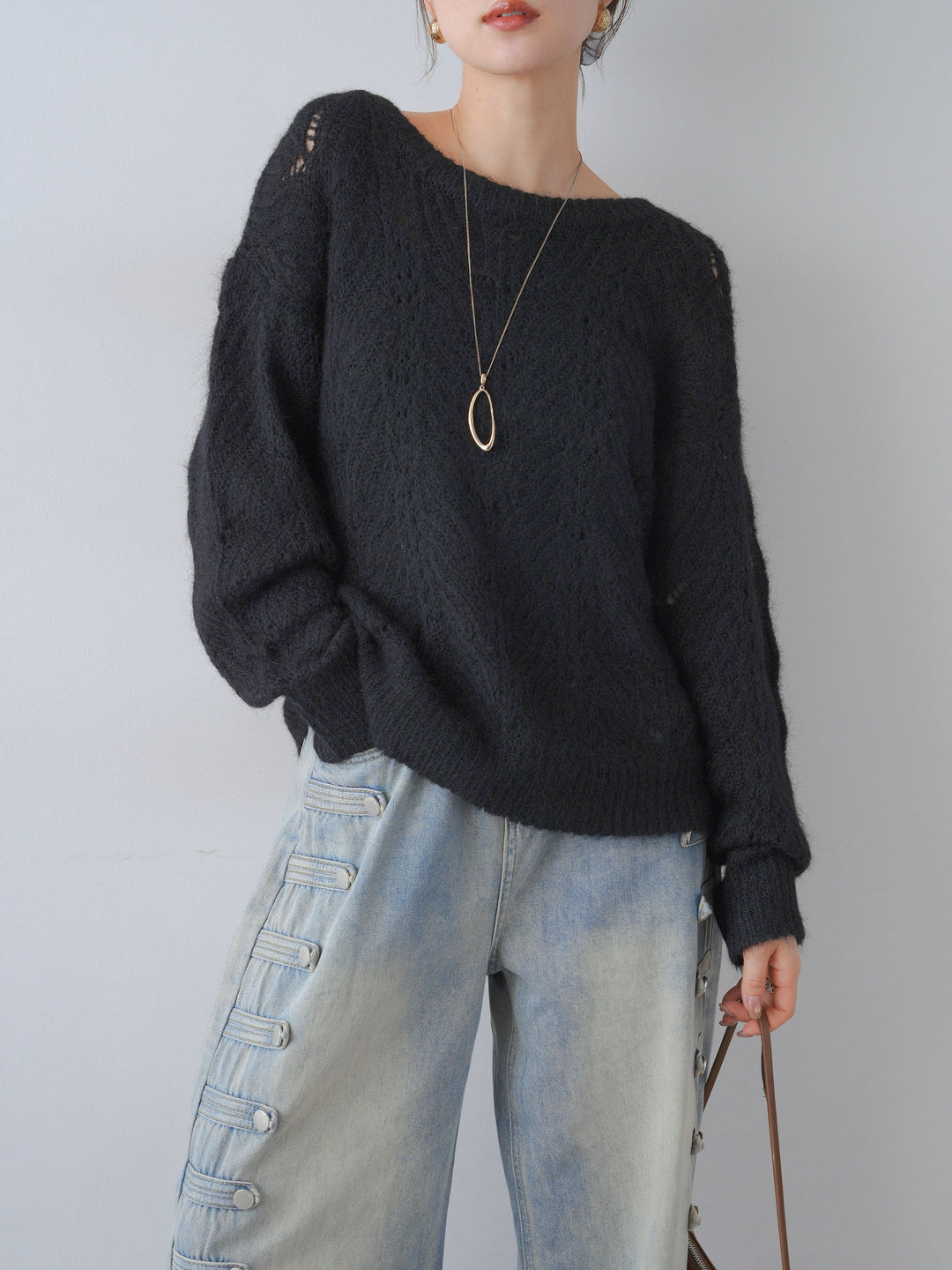 [予約]前後2WAY透かし編みケーブルニットトップス/black