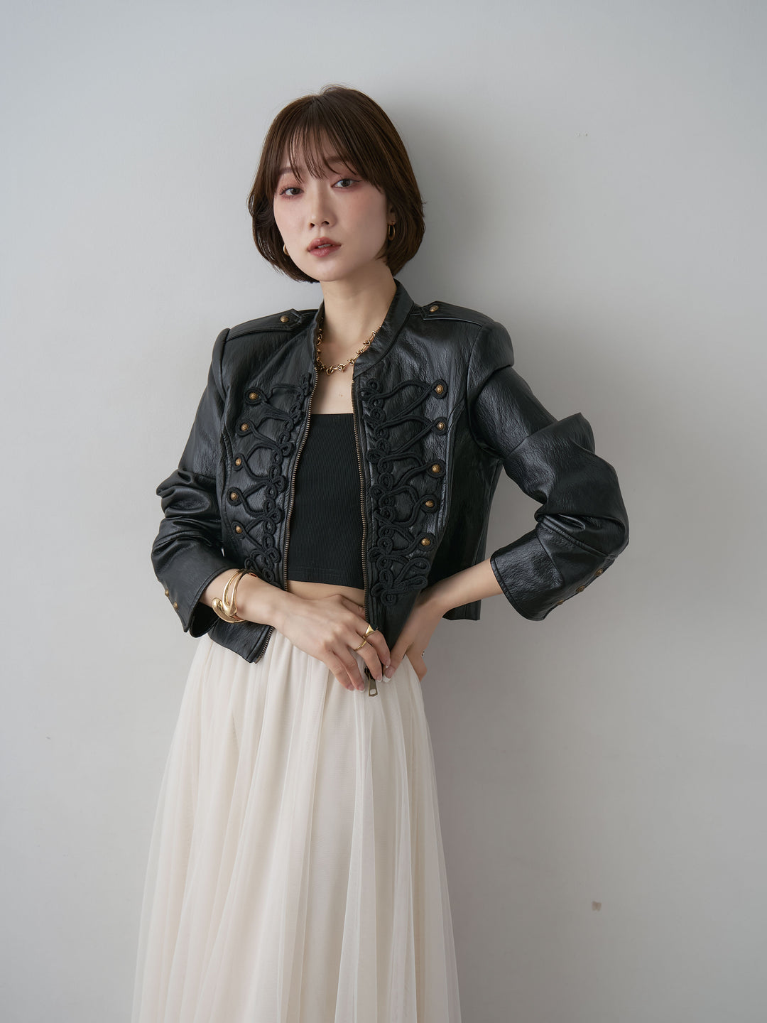 [SET]ナポレオンショートレザージャケット+チュールボリュームスカート(2set)
