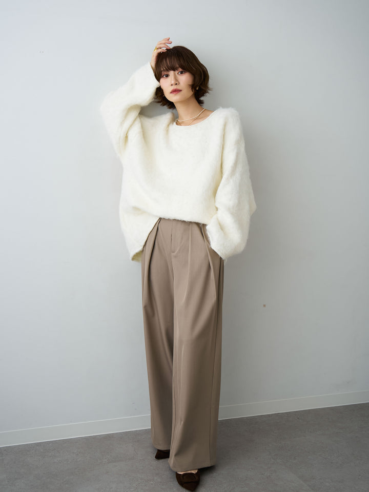 [SET]ボートネックシャギーオーバーニットトップス+ツイルタックワイドパンツ(2set)