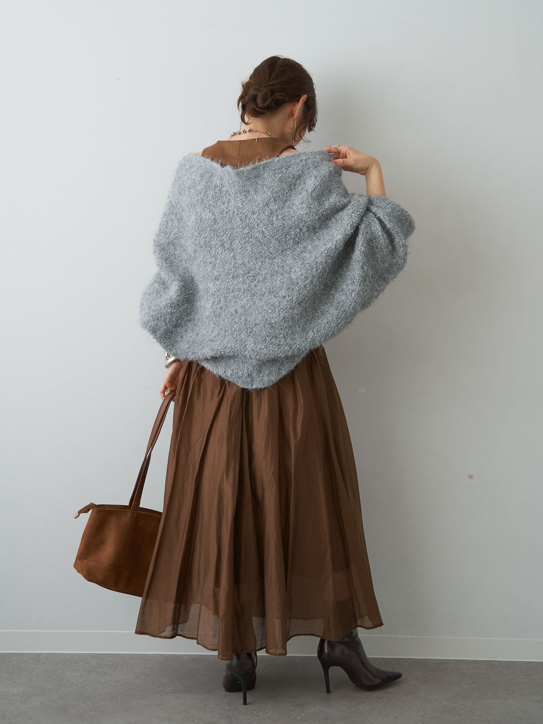 [予約]スウェードタッチ切り替えフレアワンピース/brown