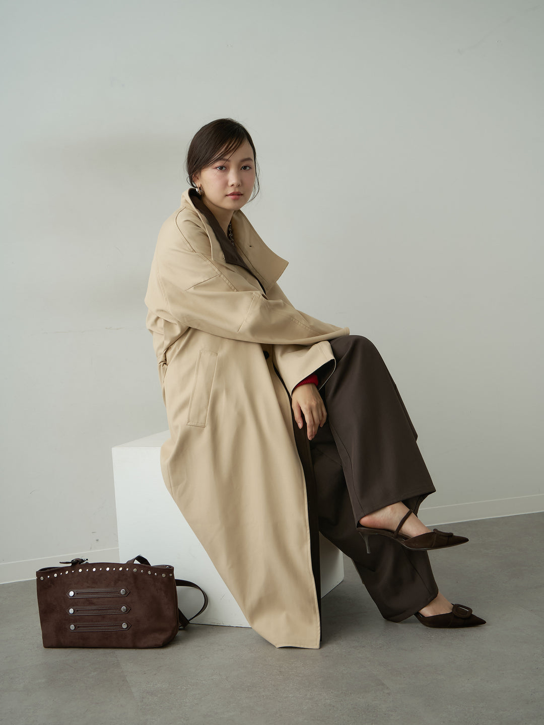 [SET]バイカラーロングトレンチコート+ツイルタックワイドパンツ(2set)