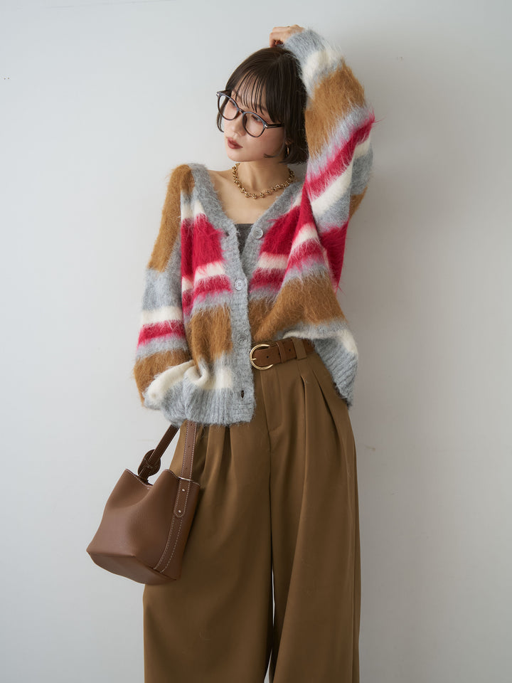 [SET]カラフルシャギーボーダーカーディガン+ダブルタックドレープストレートワイドパンツ(2set)