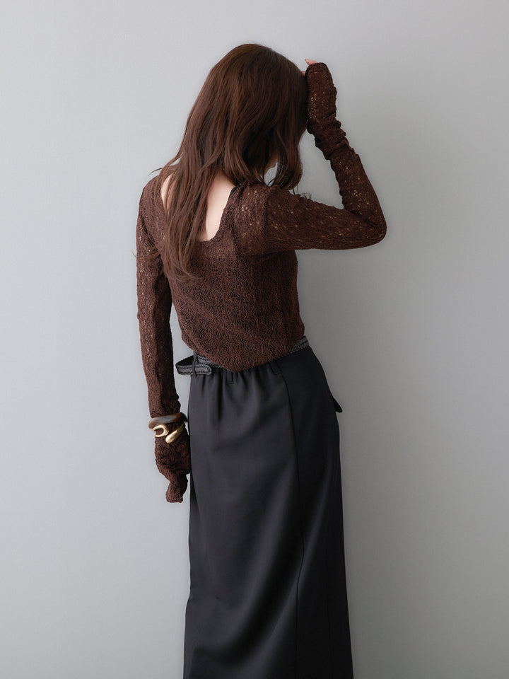 [SET]メッシュレースバックオープントップス+クレープデシンフラップ付きストレートスカート(2set)