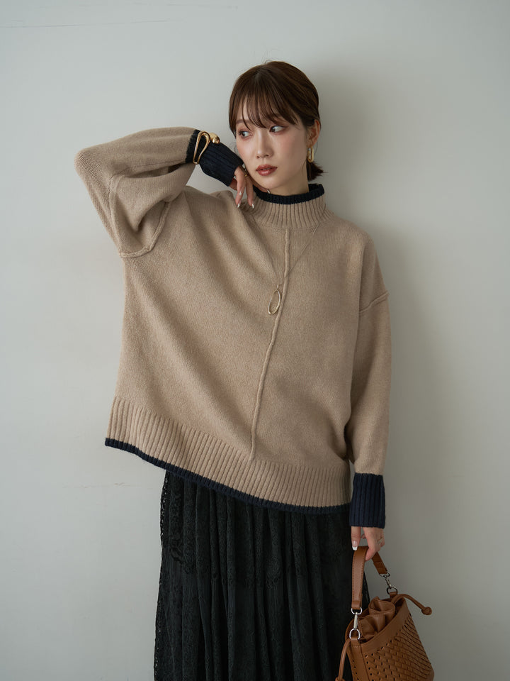 [予約]センターラインバイカラーワイドニットトップス/beige